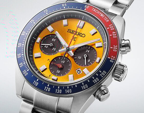 Seiko Prospex Speedtimer chronograph with yellow dial, Pepsi bezel and three subdials for precise timekeeping